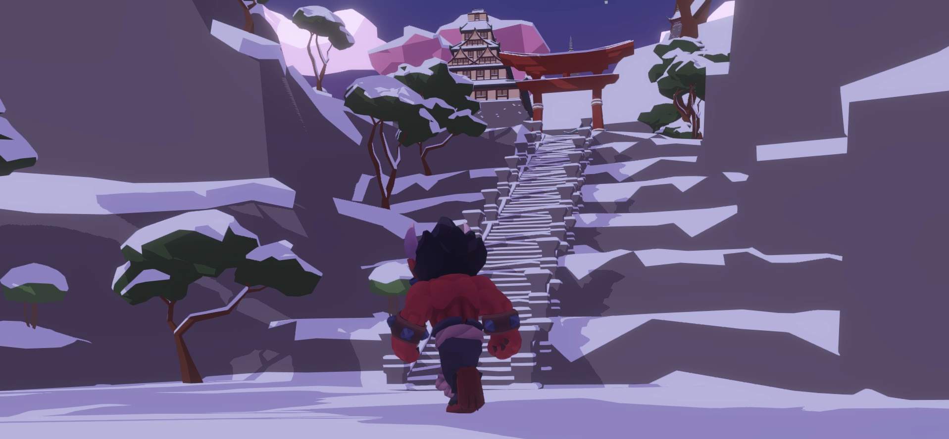 Oni walking towards snowy stone staircase leading to a torii.