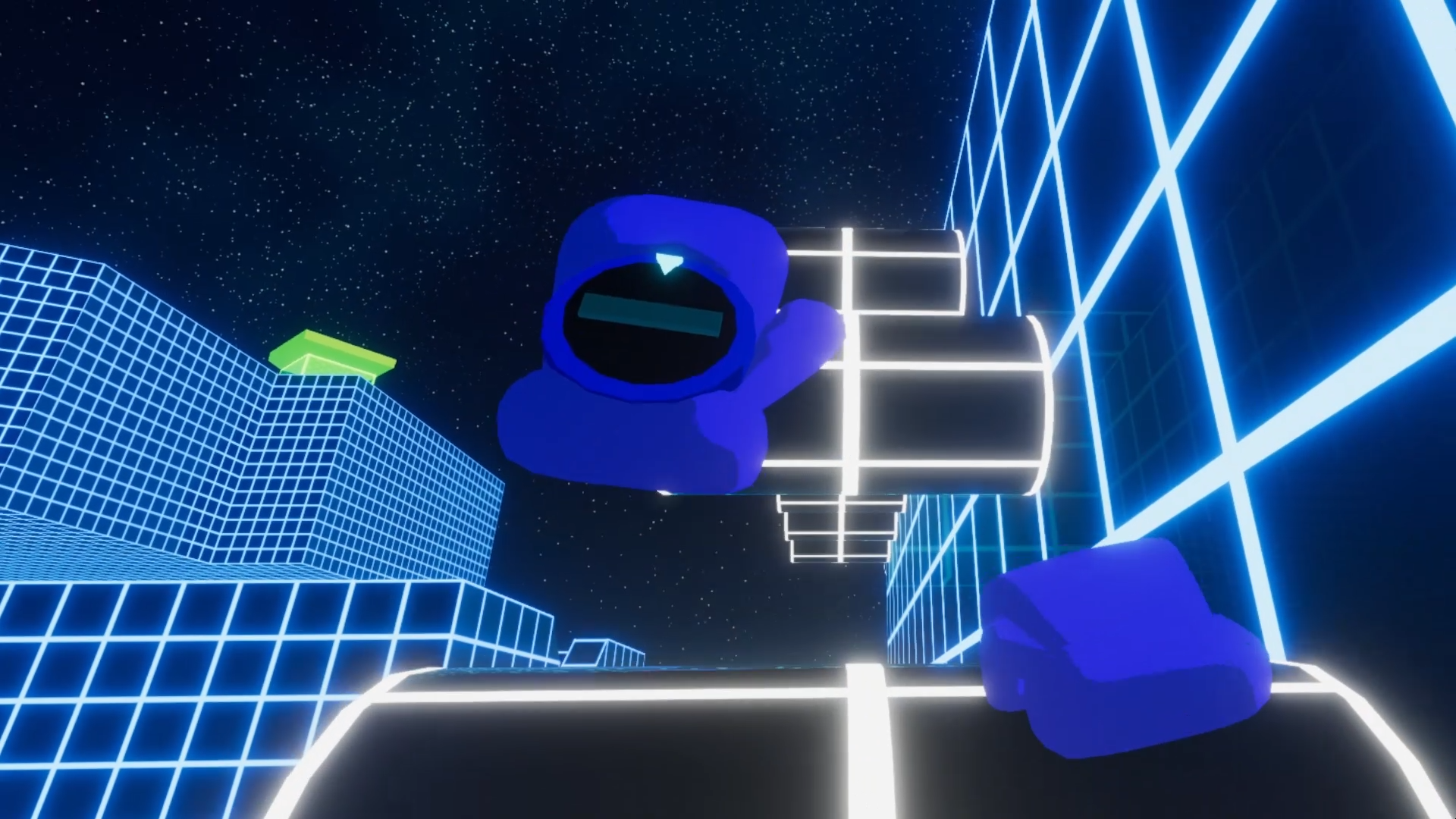 First-person view of blue cartoon hands climbing neon cylinders in a neon world.