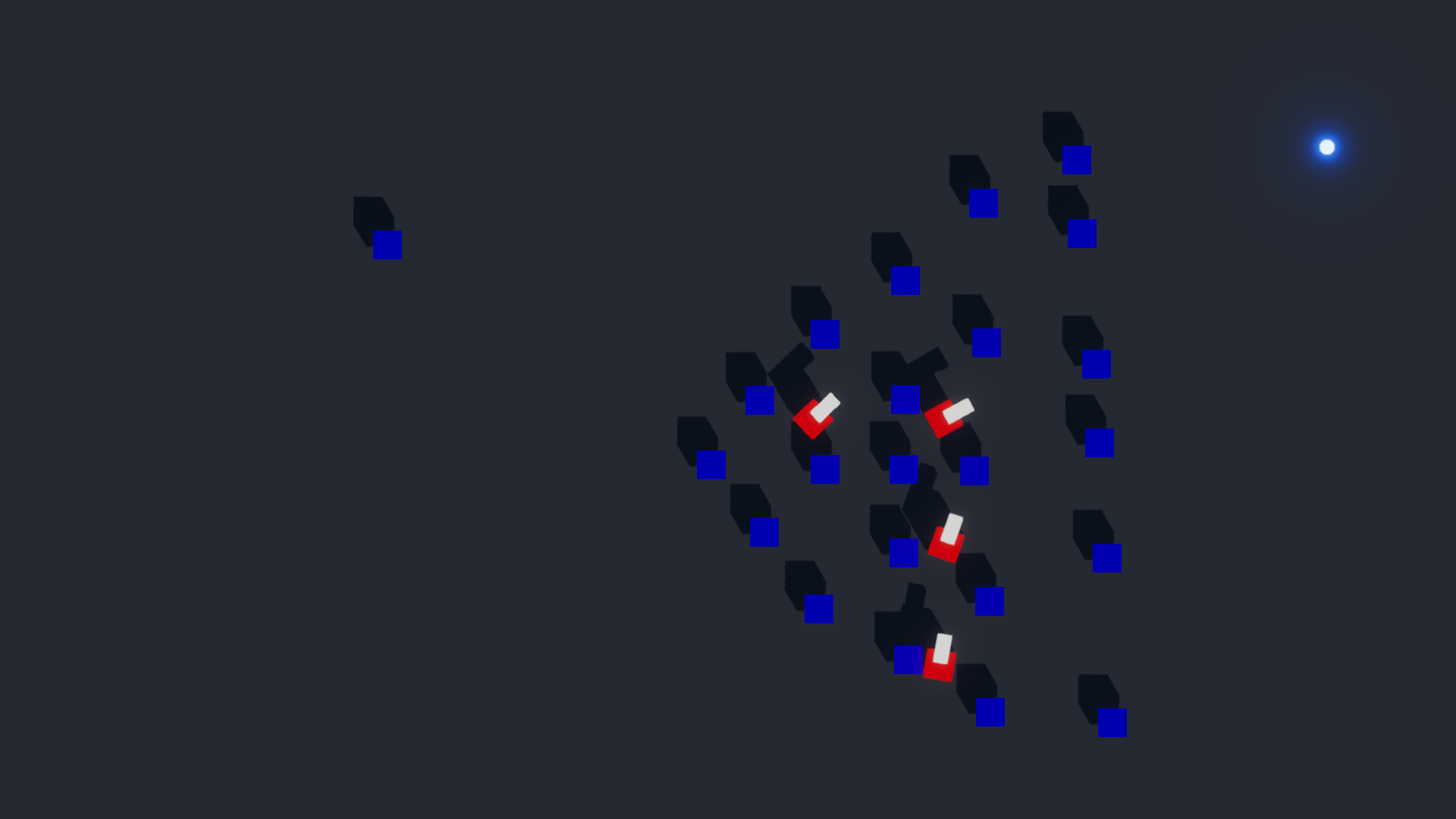 Red cubes in a finger-four formation inside blue maze.