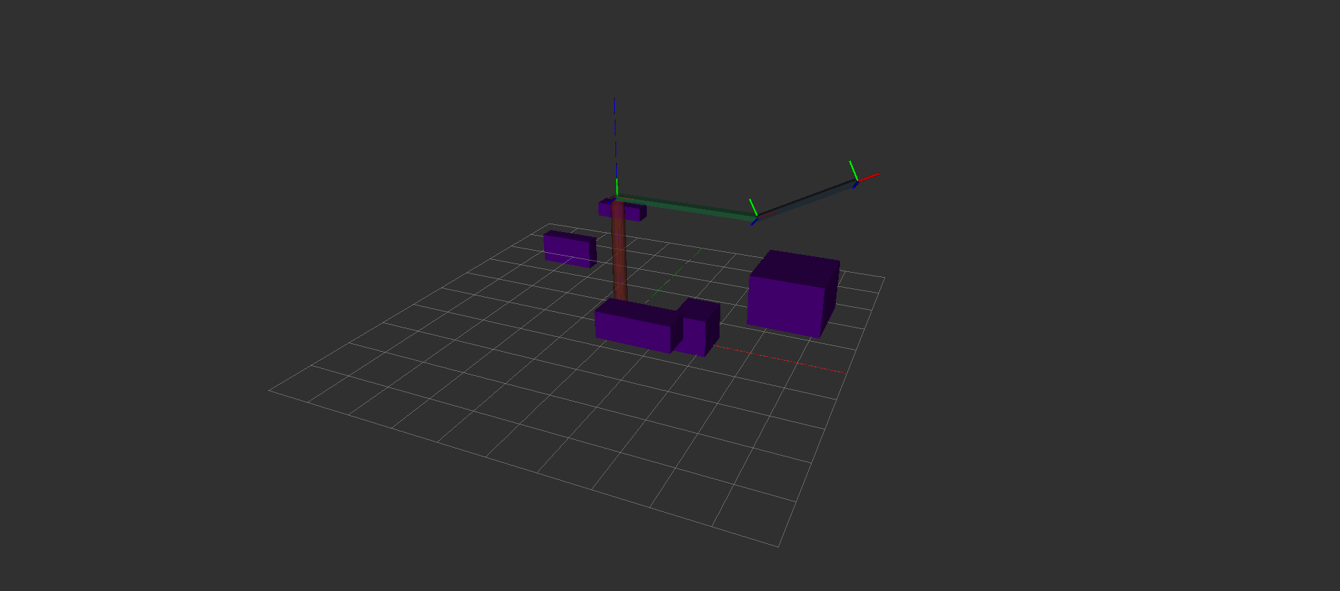 Simulated robotic manipulator with three joints surrounded by purple cubes.